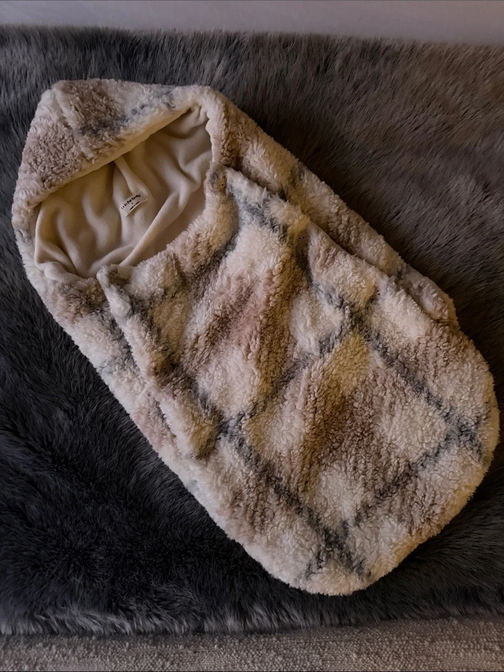 +1 in the family Cozy Plush Hooded Baby Footmuff - Cream Plaid
